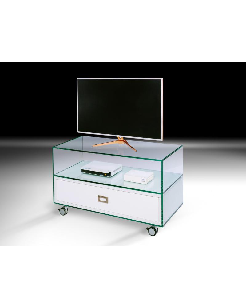 huiswerk Hervat Perth Glazen tv-meubel met lade en wieltjes Kolet 90 cm - GELAKTE LADE