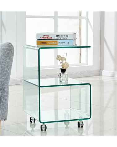 Mesa auxiliar con ruedas ABIGAIL, cristal transparente, 40 x 40 cm