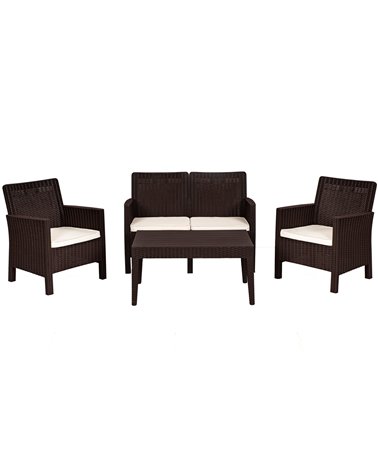 Set ADRIÁTICO, 2 Sillones + Sofá 2 plazas + mesa, polipropileno chocolate, cojines incluidos