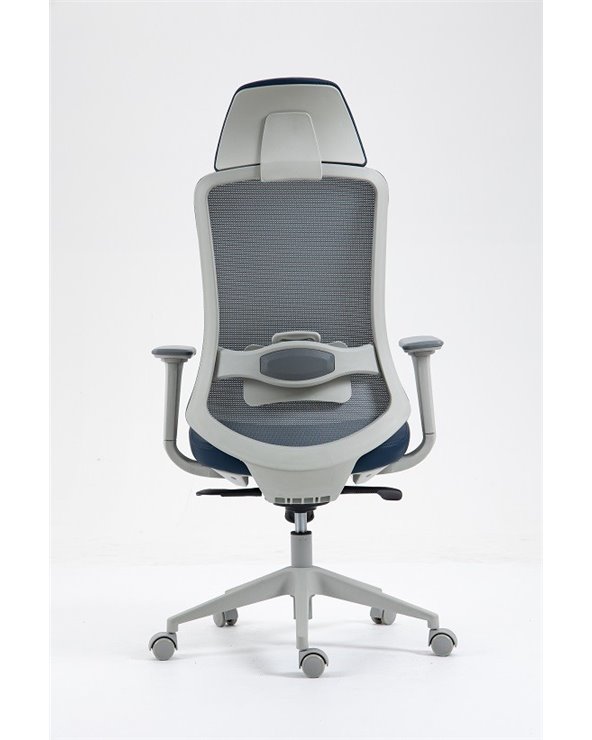 Sillón de oficina ARANJUEZ, alto, gris, ergonómico, multifunción, malla y asiento azul