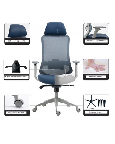 Sillón de oficina ARANJUEZ, alto, gris, ergonómico, multifunción, malla y asiento azul