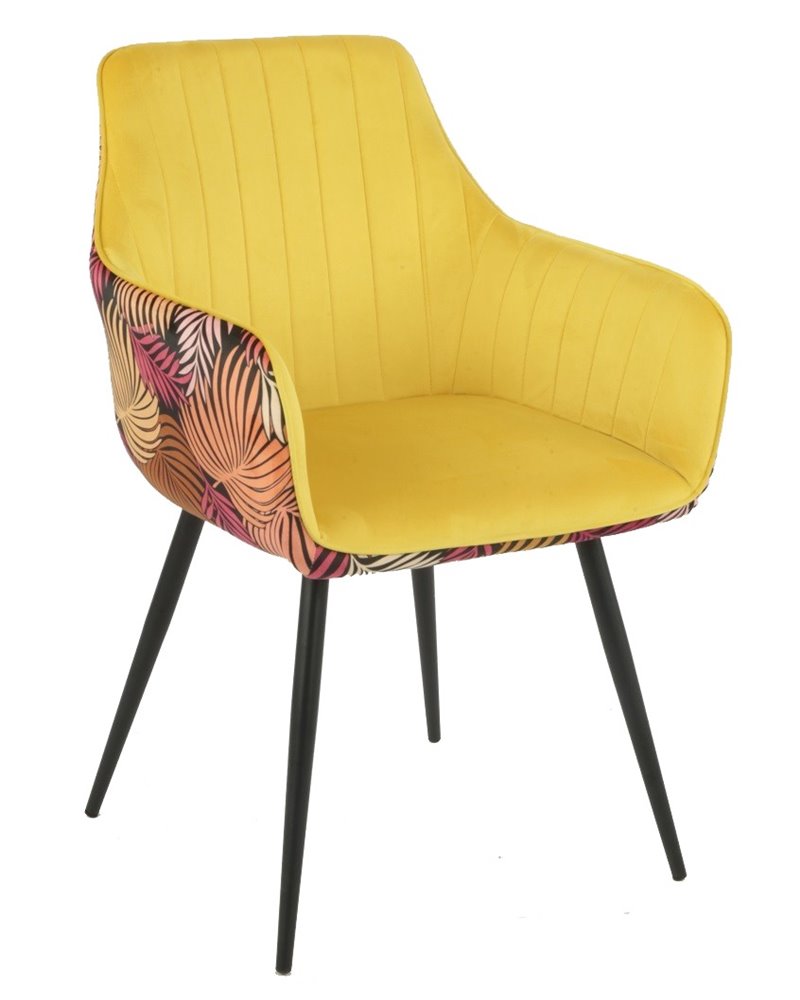 Sillón DEVA, metal, tapizado velvet amarillo con trasera floral a juego