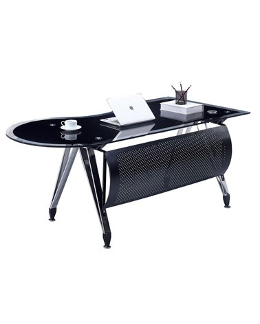 Mesa de oficina MAGNA, forma a derecha, vidrio templado negro, 180 x 85 cms